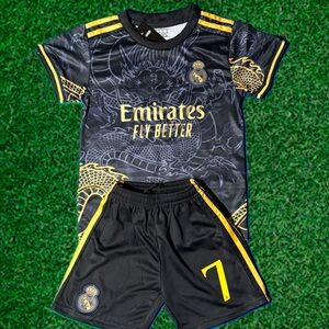 YOUTH Boys Cristiano Ronaldo rare soccer Jersey 2 Jersey & Shorts Black & Gold